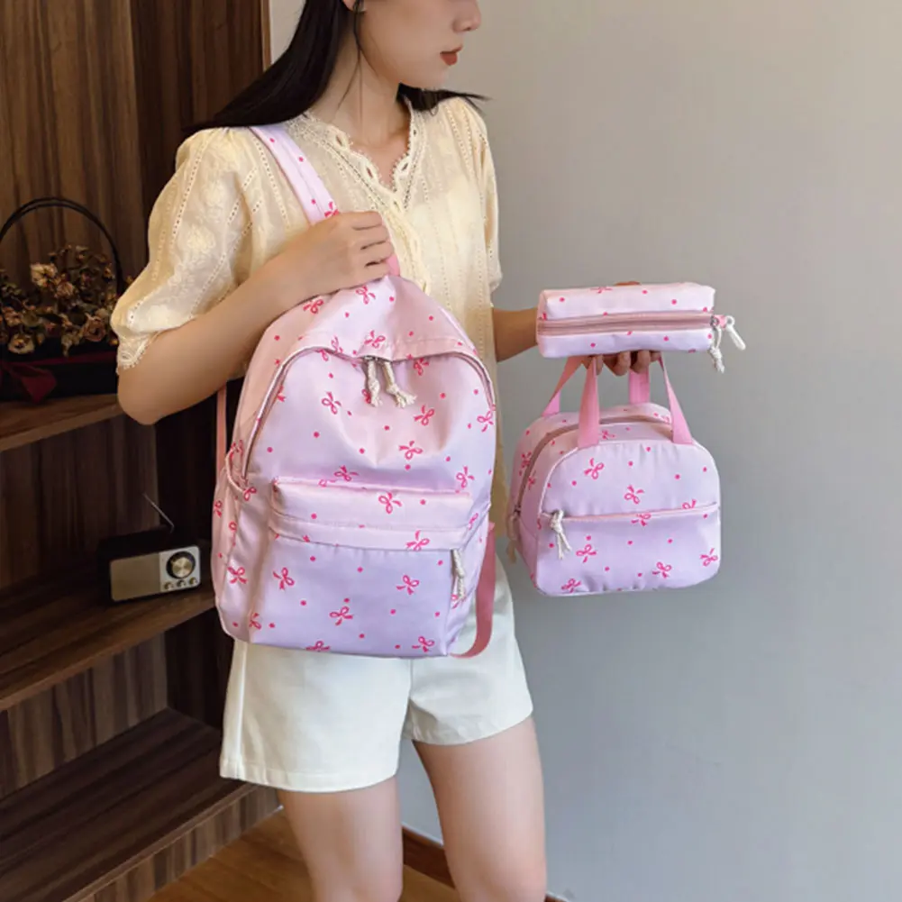 3Pcs/Set Bow Print Rucksack Girl Daypack Student School Bookbag with Lunch Bag and Pencil Case Large Capacity Laptop Backpack