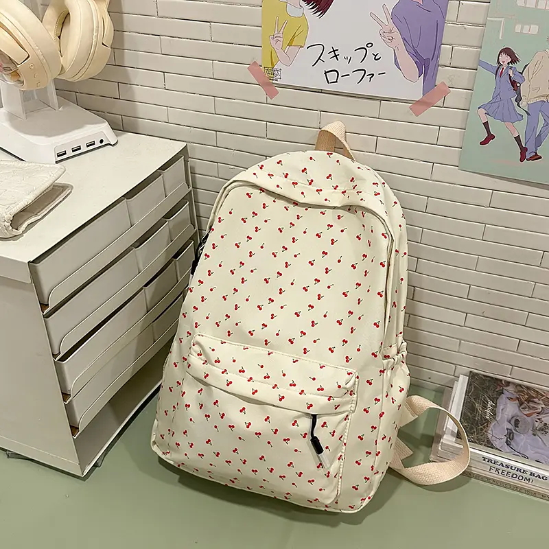 Girls Cherry Student Book Bag Floral Print Soft Laptop Backpack Adjustable Strap Flower Print School Bag Travel Trip Rucksack