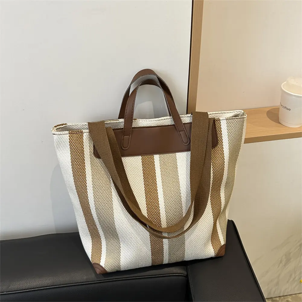 Women Striped Bucket Bags Large Capacity Handbag Casual Shopping Shoulder Bag Travel Beach Tote Bag Simple Work Top-Handle Bags