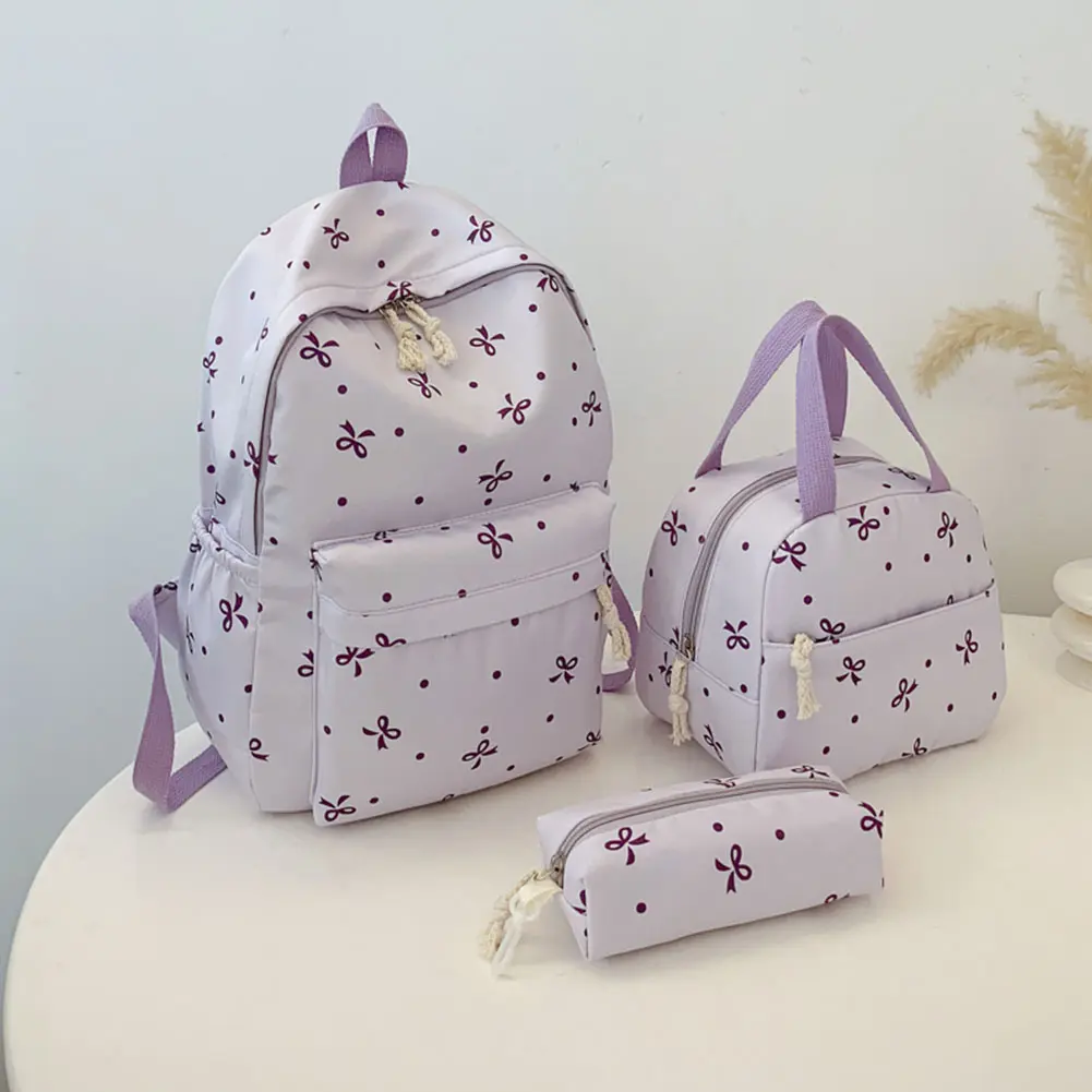 3Pcs/Set Bow Print Rucksack Girl Daypack Student School Bookbag with Lunch Bag and Pencil Case Large Capacity Laptop Backpack