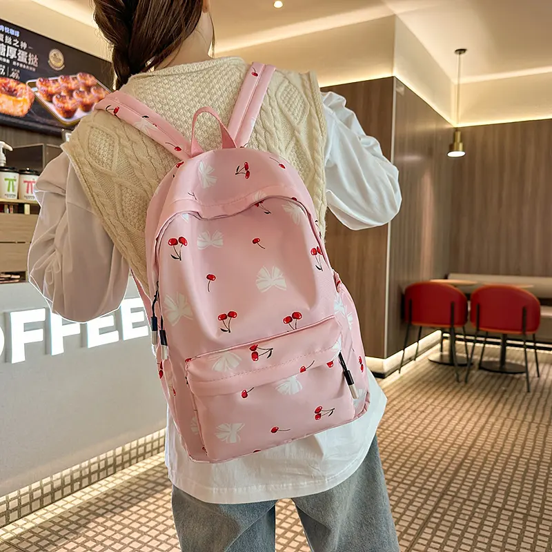 Girls Cherry Student Book Bag Floral Print Soft Laptop Backpack Adjustable Strap Flower Print School Bag Travel Trip Rucksack