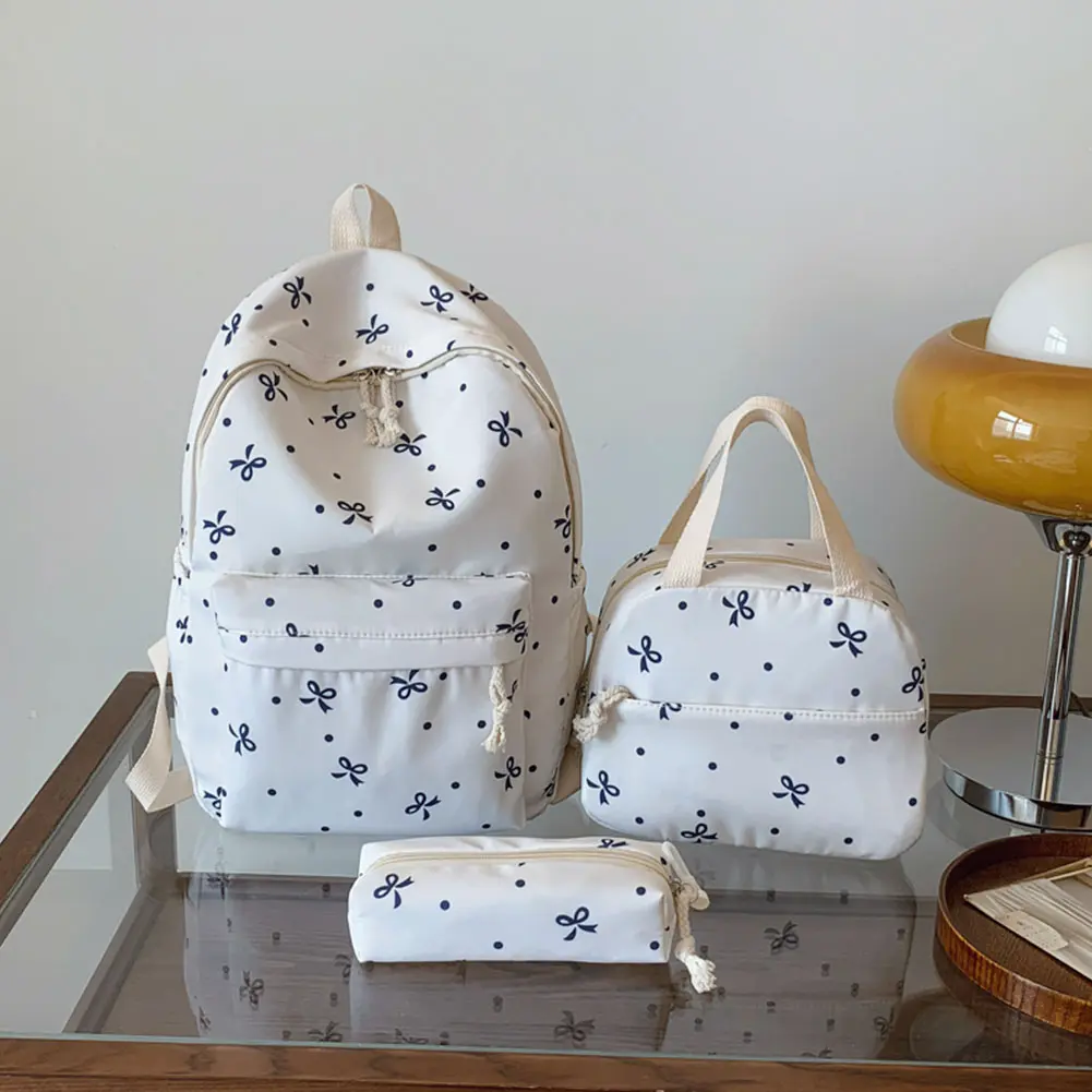3Pcs/Set Bow Print Rucksack Girl Daypack Student School Bookbag with Lunch Bag and Pencil Case Large Capacity Laptop Backpack