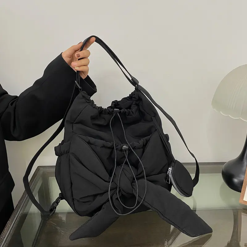 Women's Bag Nylon Large Capacity Fashion Backpack Bow Drawstring Shoulder Bag Casual Solid All-match Handbag Puffer Underarm Bag