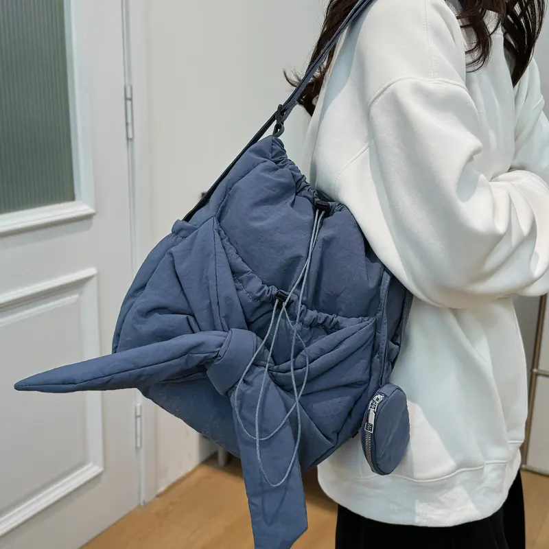Women's Bag Nylon Large Capacity Fashion Backpack Bow Drawstring Shoulder Bag Casual Solid All-match Handbag Puffer Underarm Bag