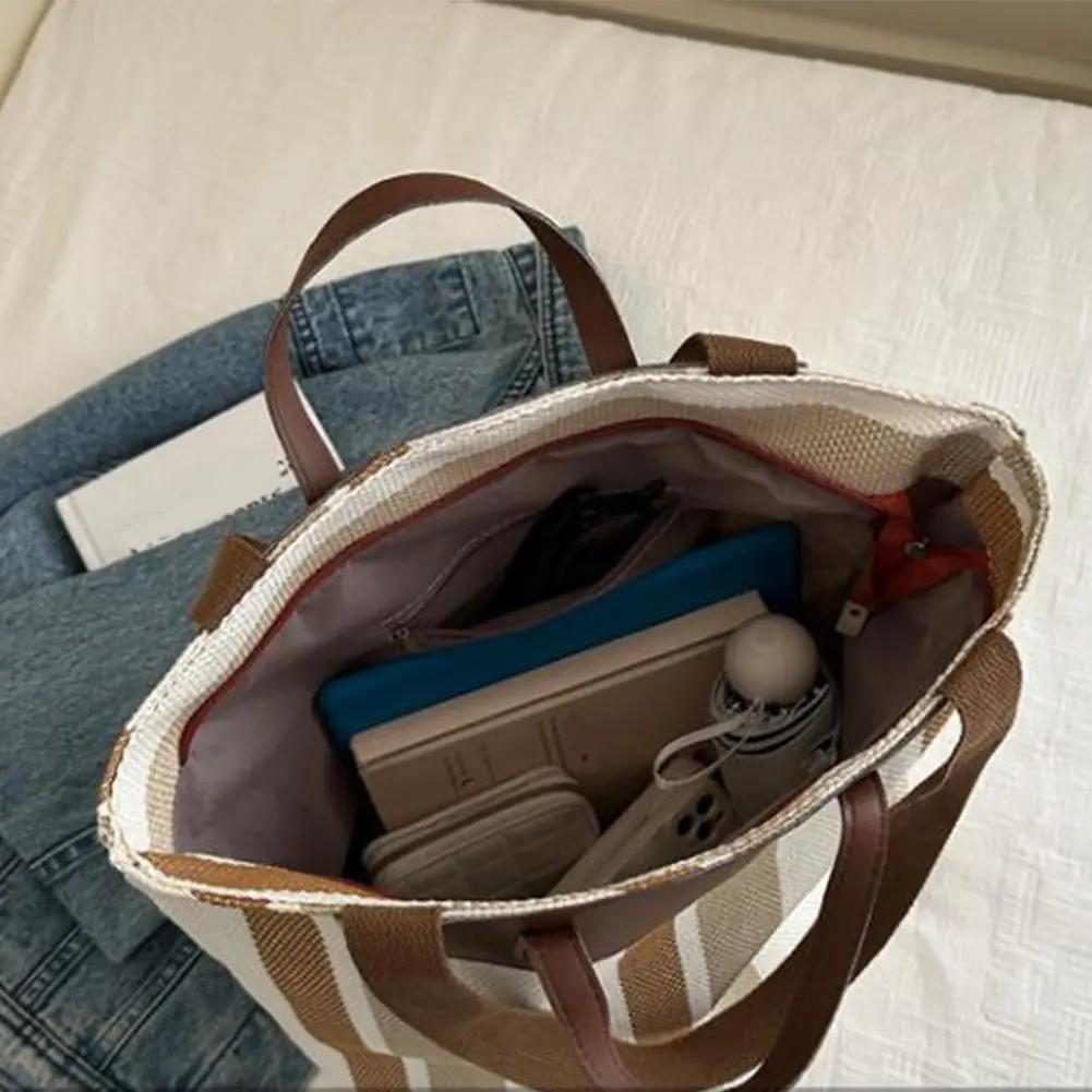 Women Striped Bucket Bags Large Capacity Handbag Casual Shopping Shoulder Bag Travel Beach Tote Bag Simple Work Top-Handle Bags