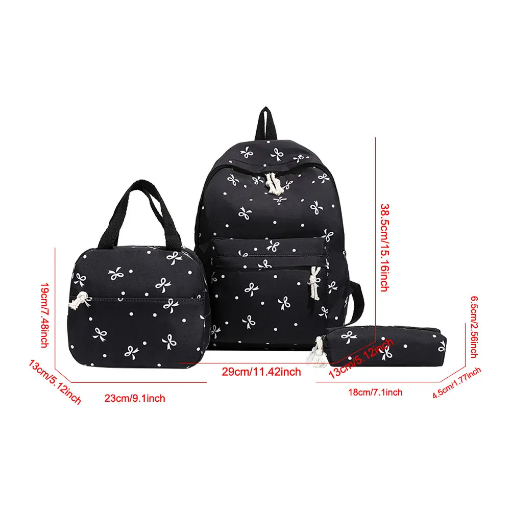 3Pcs/Set Bow Print Rucksack Girl Daypack Student School Bookbag with Lunch Bag and Pencil Case Large Capacity Laptop Backpack