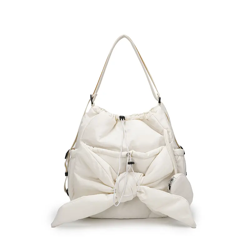 Women's Bag Nylon Large Capacity Fashion Backpack Bow Drawstring Shoulder Bag Casual Solid All-match Handbag Puffer Underarm Bag