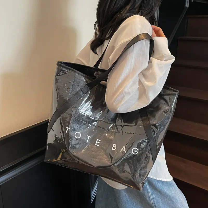 Retro Letter Print Tote Handbag PVC Clear Top-Handle Bags Jelly Waterproof Shoulder Bags PU Leather Large Capacity Shopping Bag