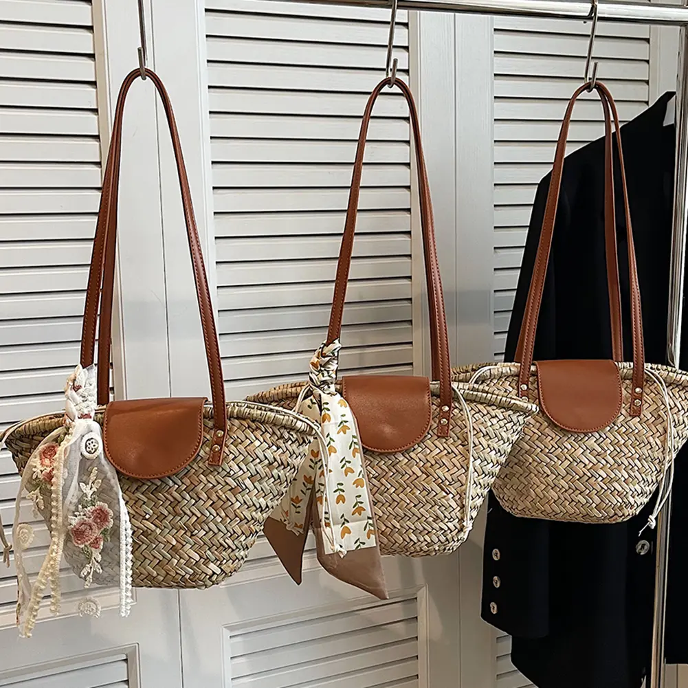 Women Straw Woven Tote Bag Fashion Woven Handbag Large Capacity Weaving Shoulder Bag Chic Hobo Bag for Outdoor Travel