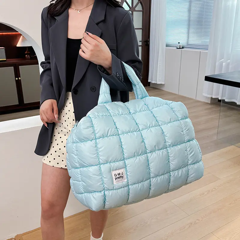 Large Capacity Puffer Hobo Shoulder Bag Quilted Plaid Crossbody Bags Women Daily Tote Handbags Travel Puffy Top Handle Bag