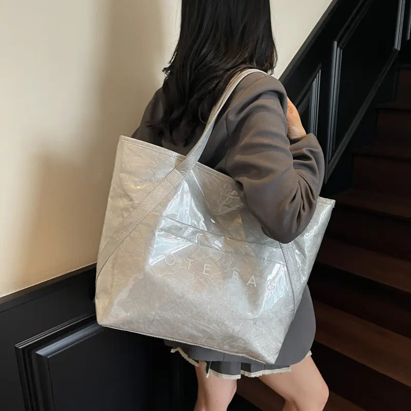 Retro Letter Print Tote Handbag PVC Clear Top-Handle Bags Jelly Waterproof Shoulder Bags PU Leather Large Capacity Shopping Bag
