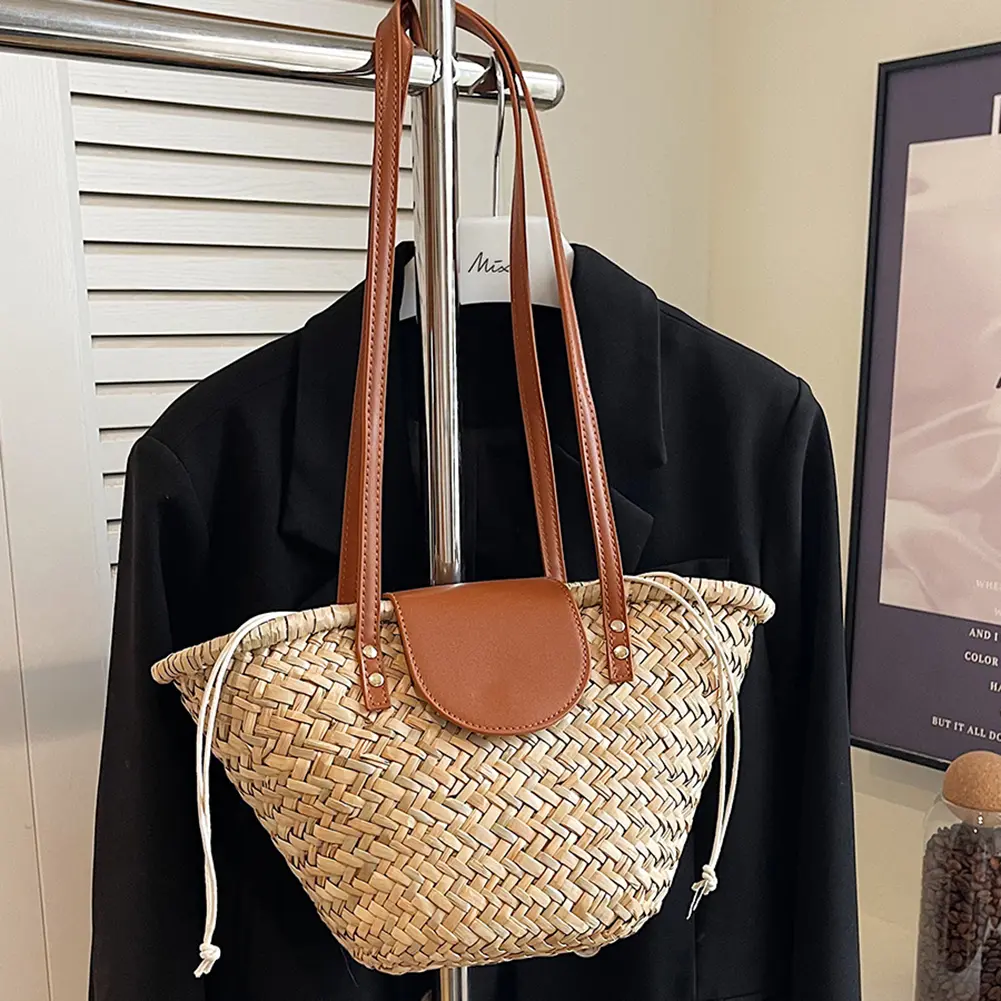 Women Straw Woven Tote Bag Fashion Woven Handbag Large Capacity Weaving Shoulder Bag Chic Hobo Bag for Outdoor Travel