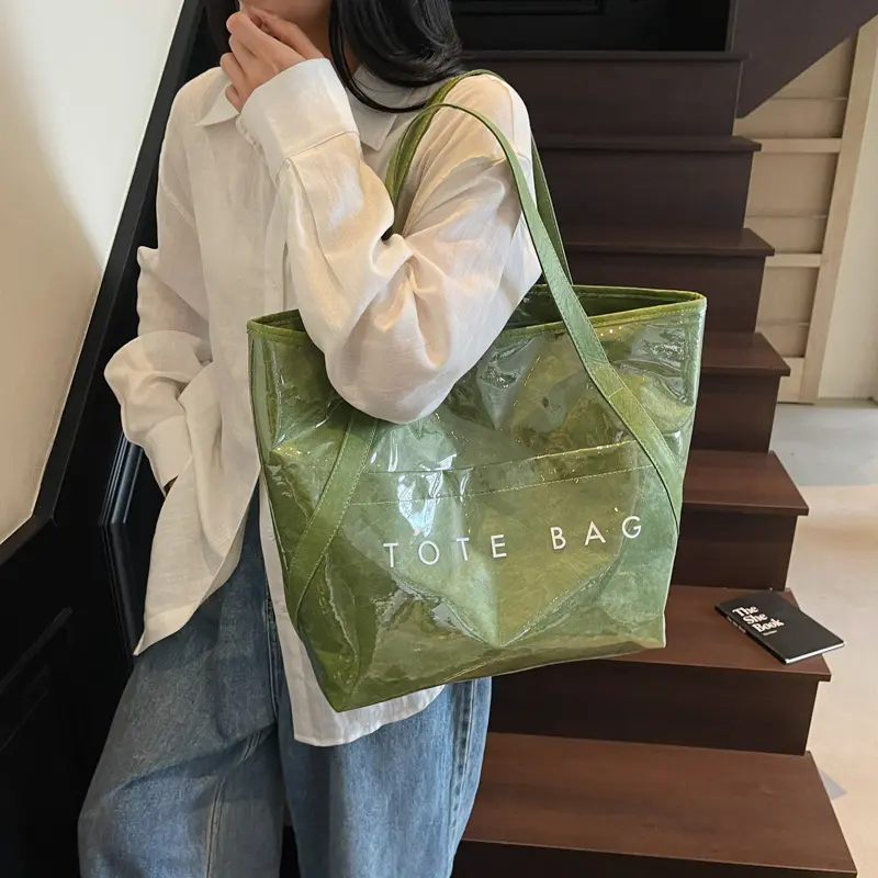 Retro Letter Print Tote Handbag PVC Clear Top-Handle Bags Jelly Waterproof Shoulder Bags PU Leather Large Capacity Shopping Bag
