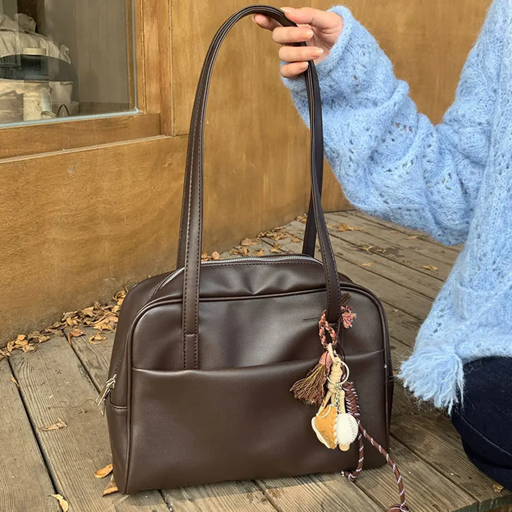 Retro Shoulder Bag with Baseball Pendant Women PU Leather Trendy Underarm Pouch Medium Handbag Large Capacity Travel Tote Bag