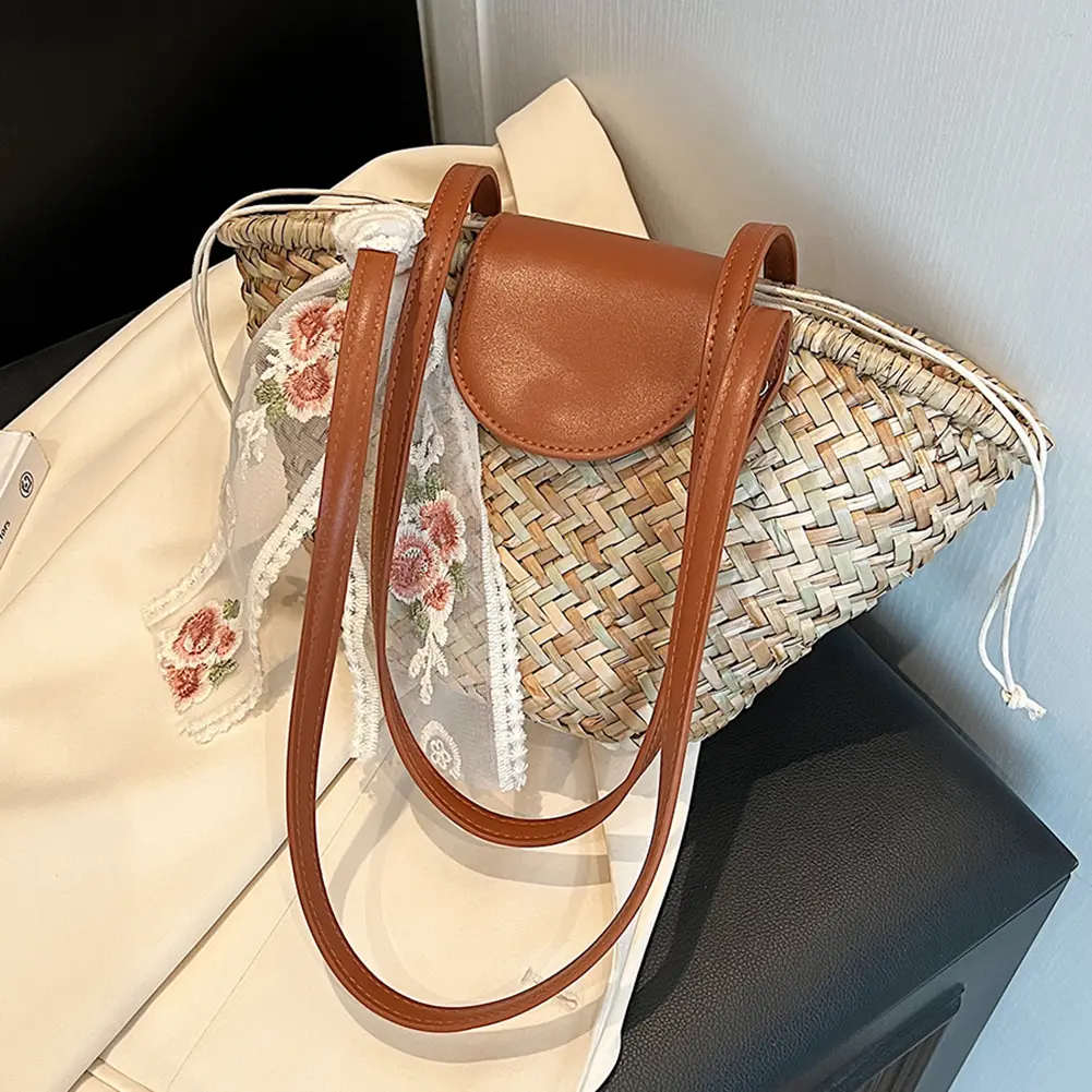 Women Straw Woven Tote Bag Fashion Woven Handbag Large Capacity Weaving Shoulder Bag Chic Hobo Bag for Outdoor Travel