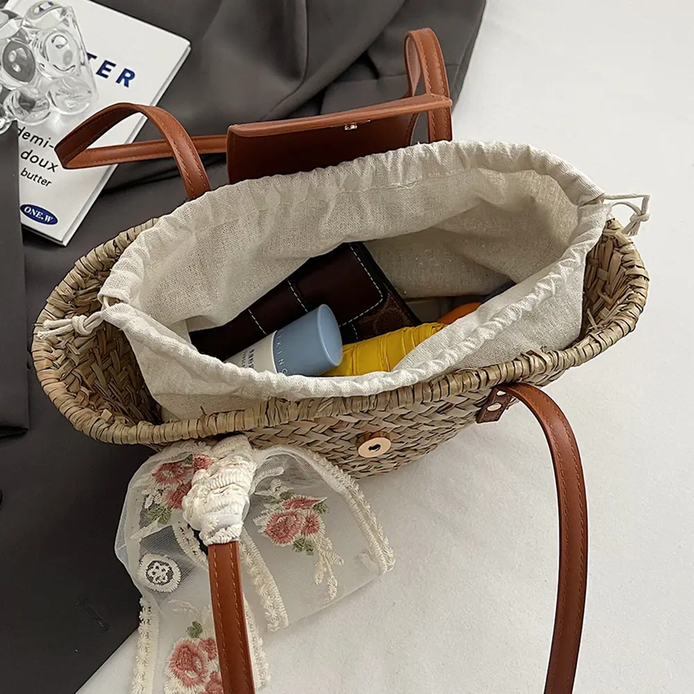 Women Straw Woven Tote Bag Fashion Woven Handbag Large Capacity Weaving Shoulder Bag Chic Hobo Bag for Outdoor Travel