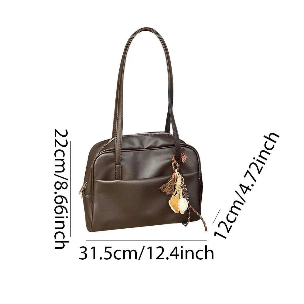 Retro Shoulder Bag with Baseball Pendant Women PU Leather Trendy Underarm Pouch Medium Handbag Large Capacity Travel Tote Bag