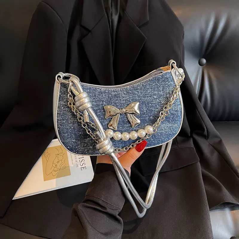 Women Y2K Bow Underarm Pouch Zipper Bowknot Armpit Shoulder Bag Casual Denim Pearl Chain Handbag Travel Shopping Crossbody Bags