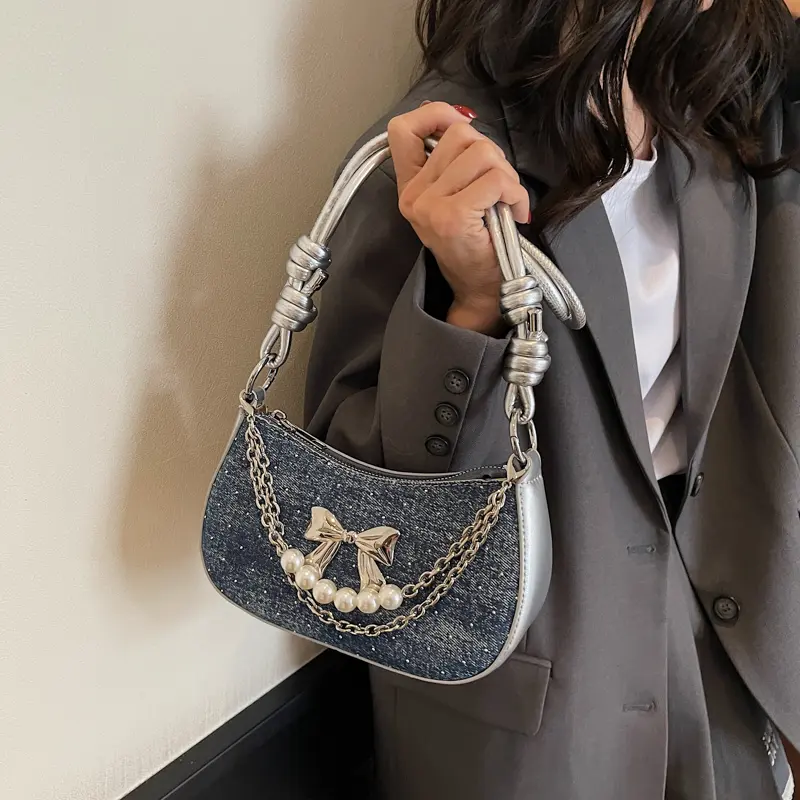 Women Y2K Bow Underarm Pouch Zipper Bowknot Armpit Shoulder Bag Casual Denim Pearl Chain Handbag Travel Shopping Crossbody Bags