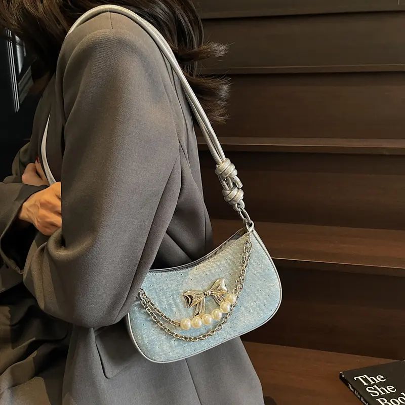 Women Y2K Bow Underarm Pouch Zipper Bowknot Armpit Shoulder Bag Casual Denim Pearl Chain Handbag Travel Shopping Crossbody Bags