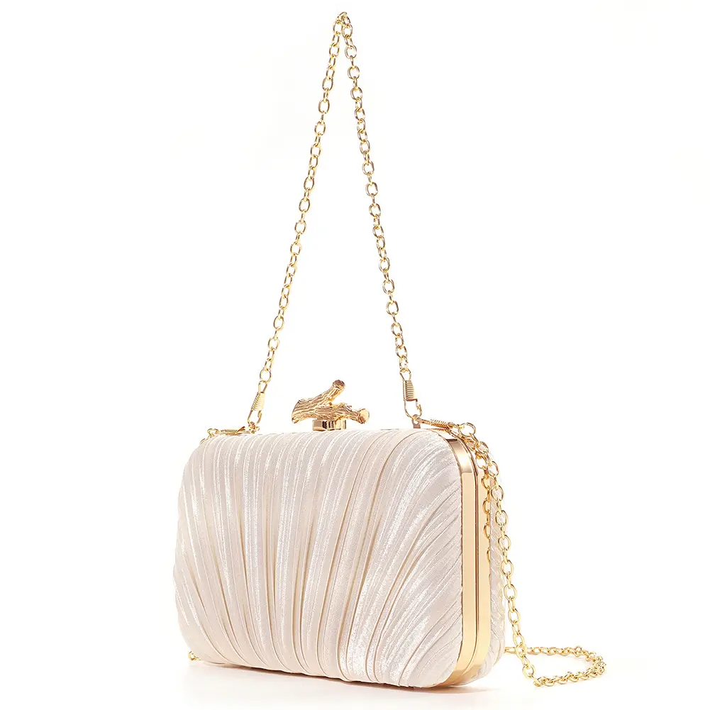 Women Pleated Satin Dinner Handbag with Chain Retro Clutch Purses Wedding Shoulder Crossbody Bag Party Hand-Held Evening Bag