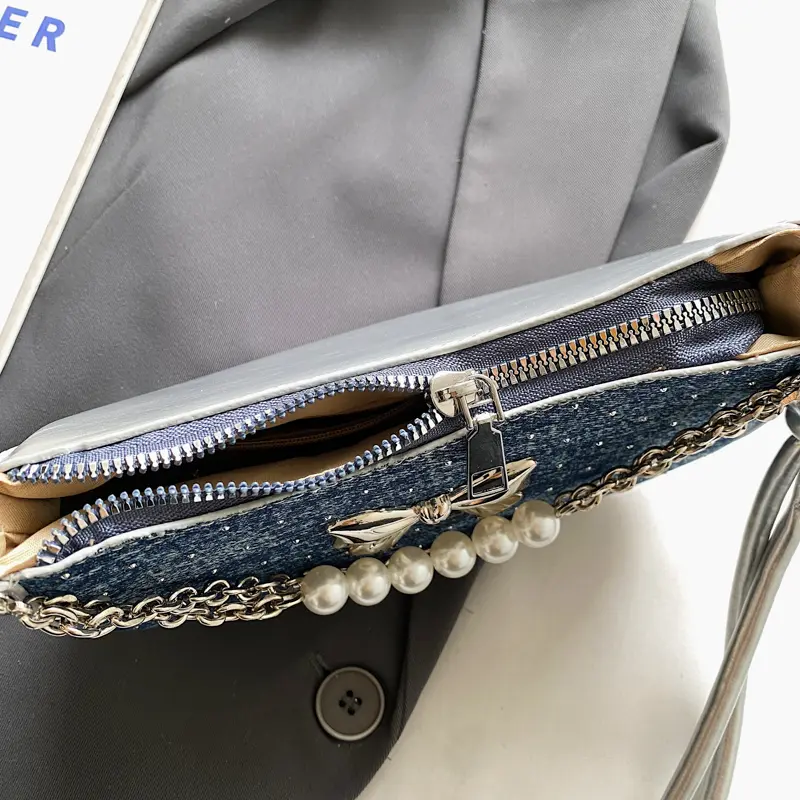 Women Y2K Bow Underarm Pouch Zipper Bowknot Armpit Shoulder Bag Casual Denim Pearl Chain Handbag Travel Shopping Crossbody Bags