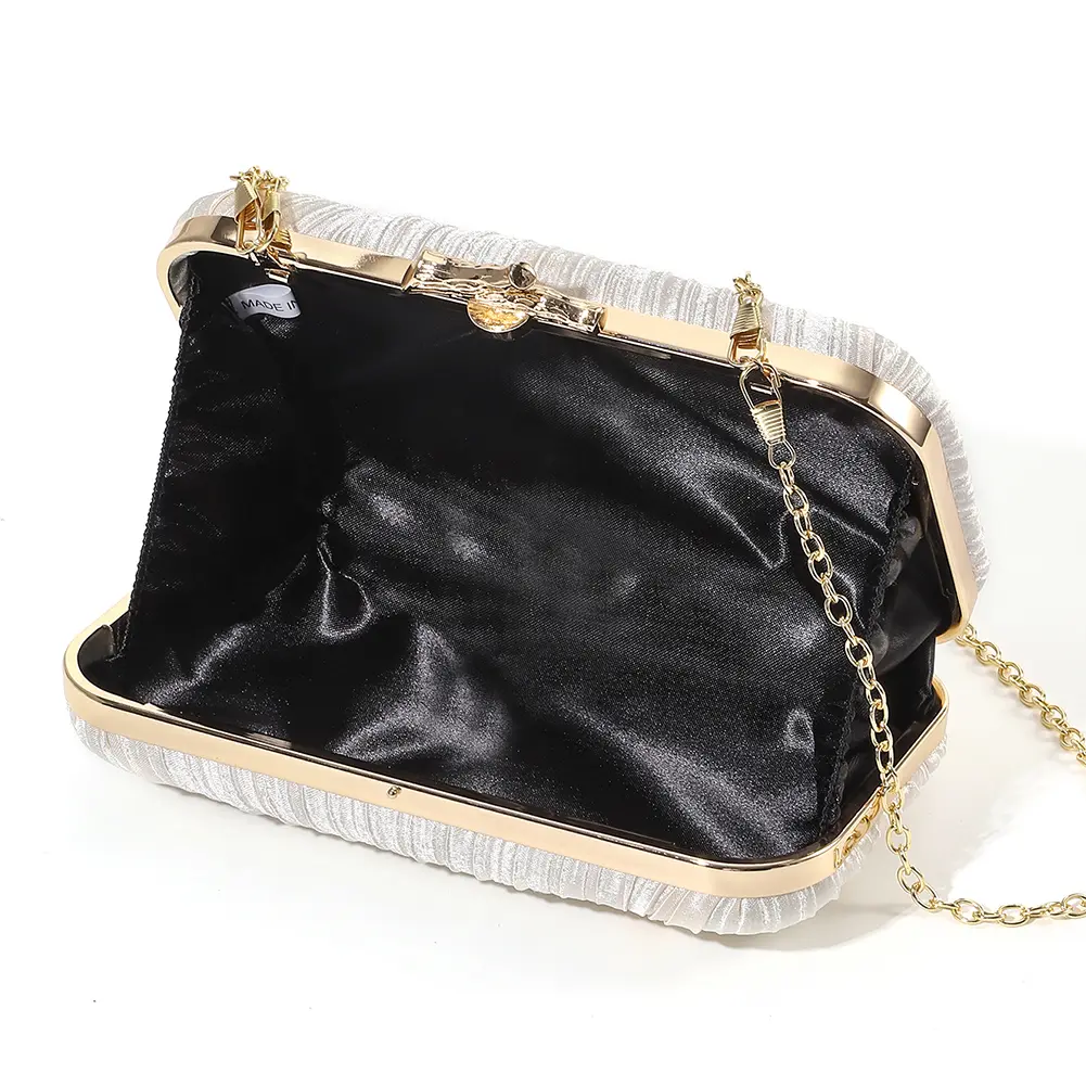 Women Pleated Satin Dinner Handbag with Chain Retro Clutch Purses Wedding Shoulder Crossbody Bag Party Hand-Held Evening Bag