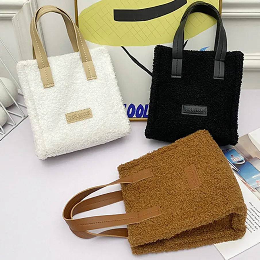 Winter Lamb Wool Warm Top Handle Satchel 2023 Soft Autumn Ins Square Shoulder Bags Hasp Clash of Colours Preppy Style Women Tote