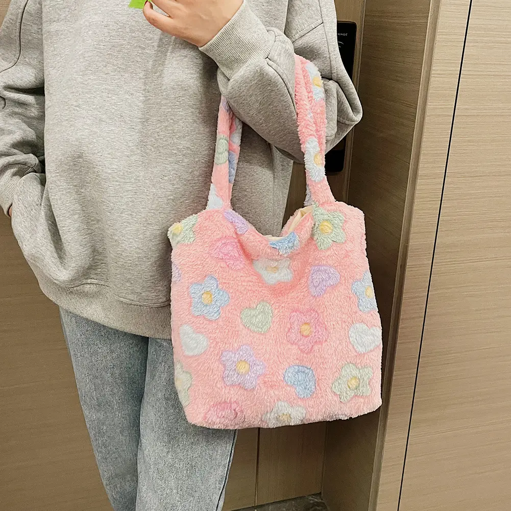 Winter Tote Bag Fluffy Commute Bag Women Plaid Flower Underarm Bag Large Capacity Shoulder Bag Ladies High Quality Plush Handbag