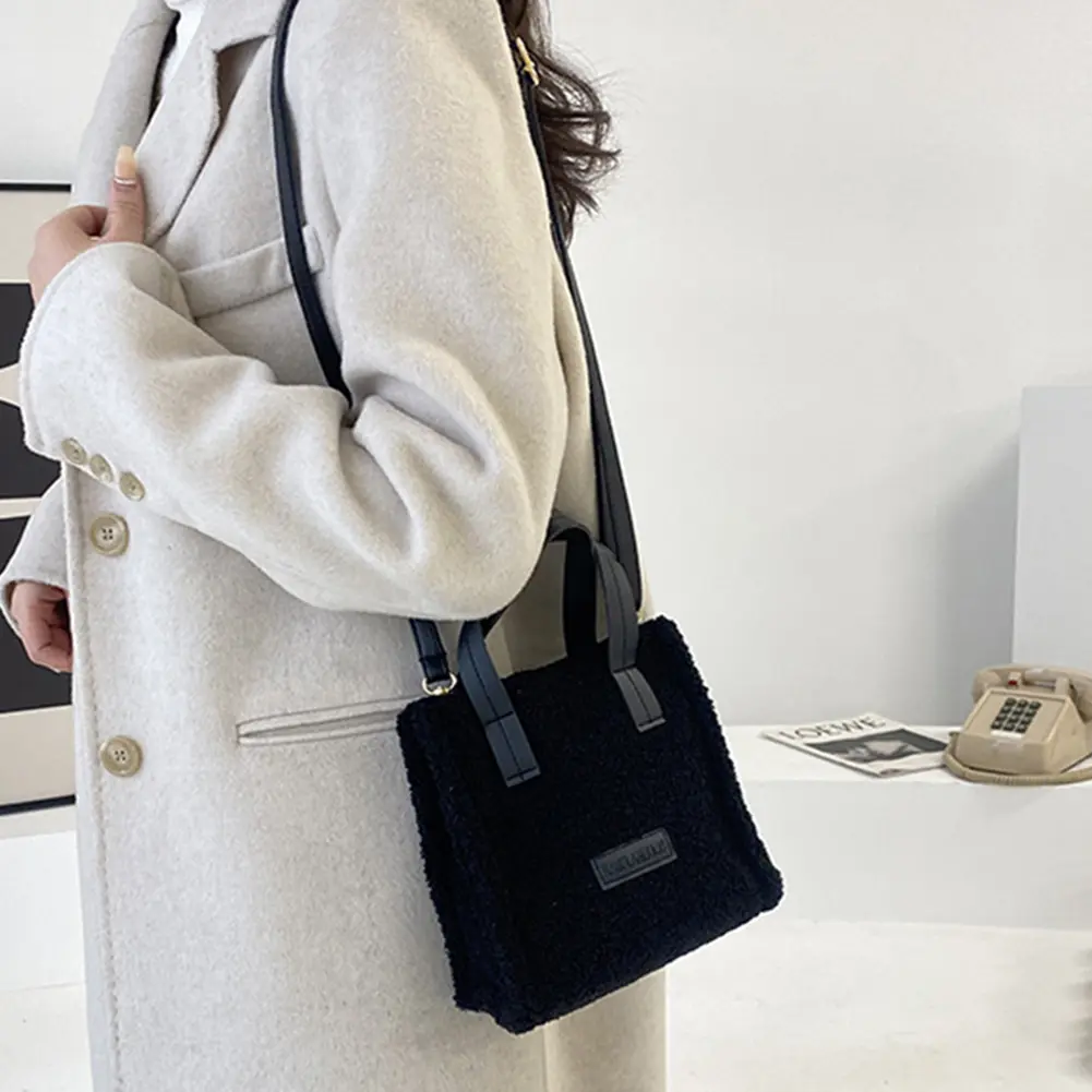 Winter Lamb Wool Warm Top Handle Satchel 2023 Soft Autumn Ins Square Shoulder Bags Hasp Clash of Colours Preppy Style Women Tote