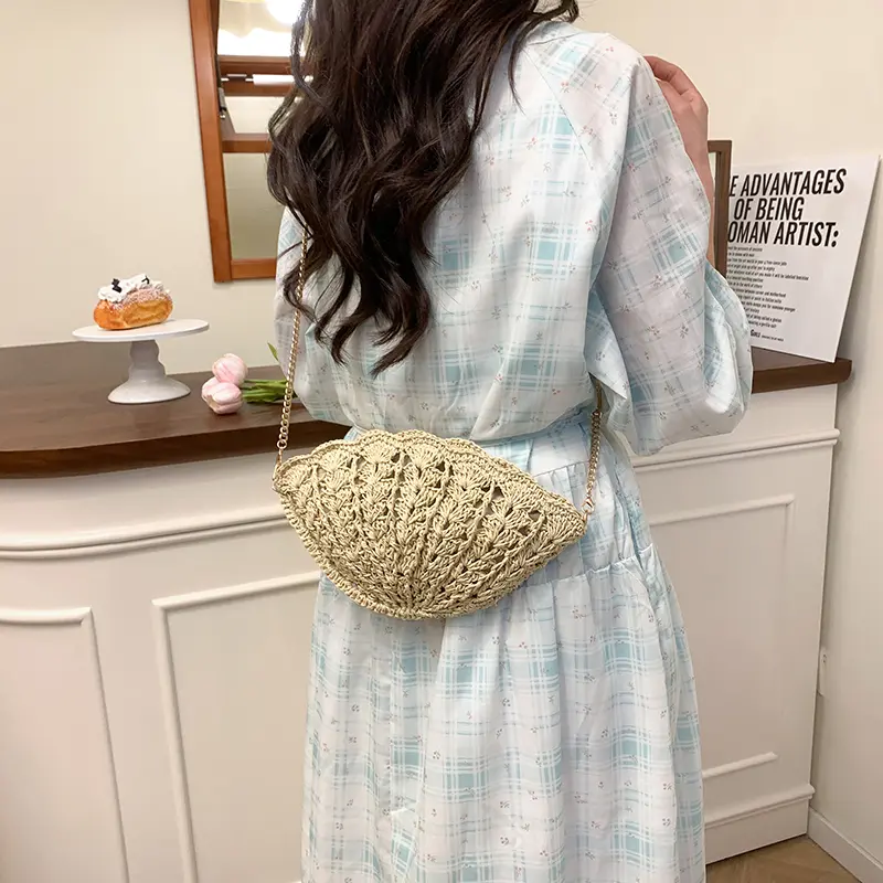 Women Wave Lace Shell Bag Straw Beach Crossbody Bags Hollow Handwoven Shoulder Bag Purse Phone Pouch Clutch for Summer Travel