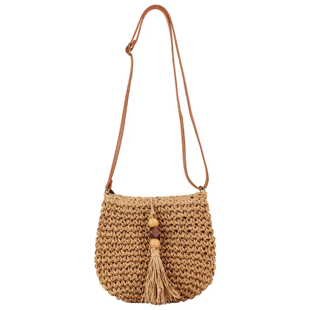 Straw Crossbody Bag for Women's Summer Hand-Woven Shoulder Bags with Wooden Bead Tassel Bohemian Fashion Woven Baech Satchel Bag