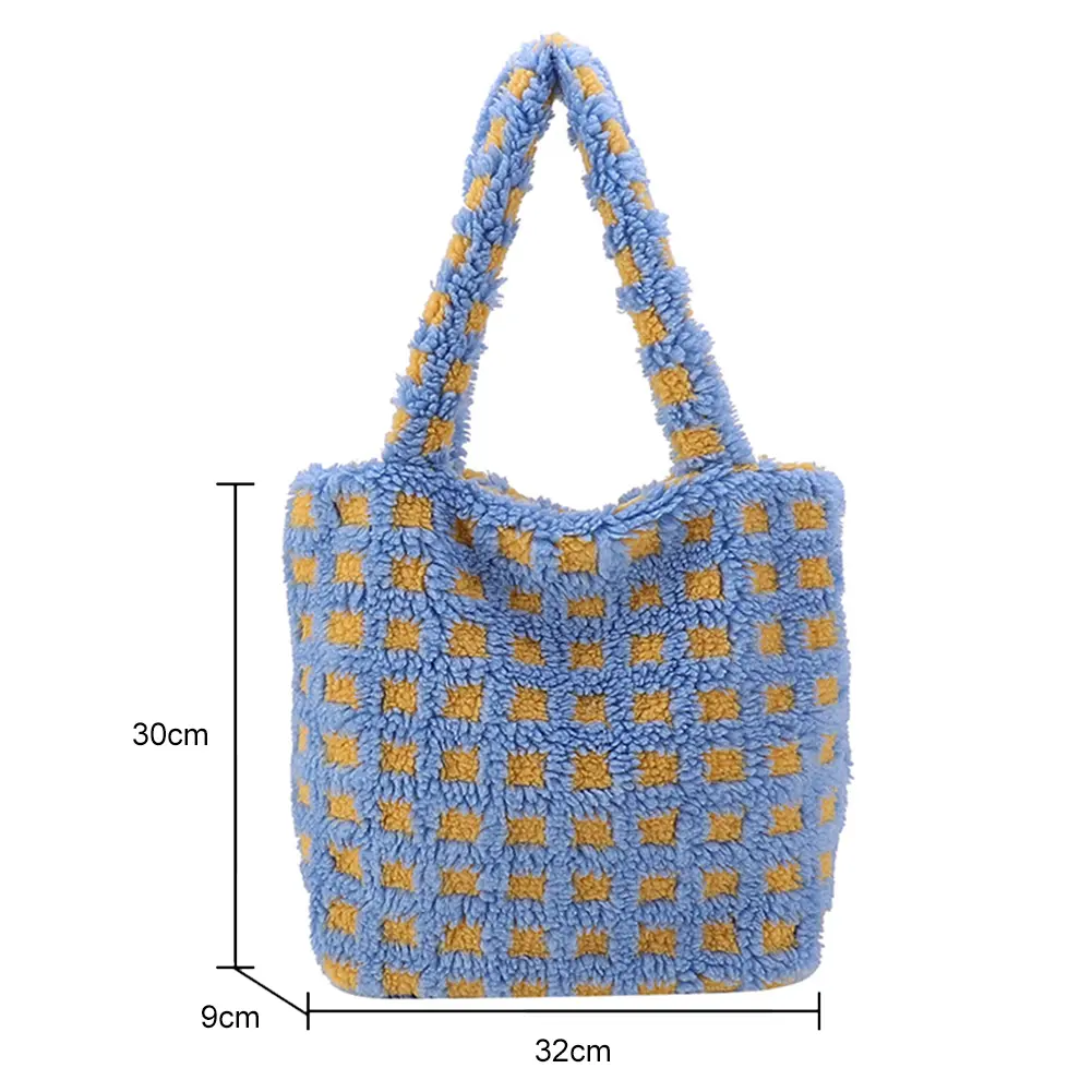 Winter Tote Bag Fluffy Commute Bag Women Plaid Flower Underarm Bag Large Capacity Shoulder Bag Ladies High Quality Plush Handbag