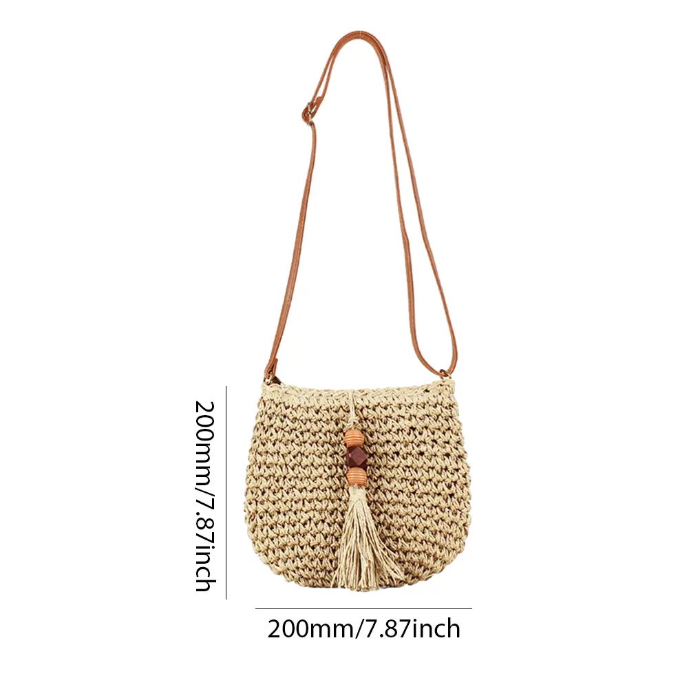 Straw Crossbody Bag for Women's Summer Hand-Woven Shoulder Bags with Wooden Bead Tassel Bohemian Fashion Woven Baech Satchel Bag