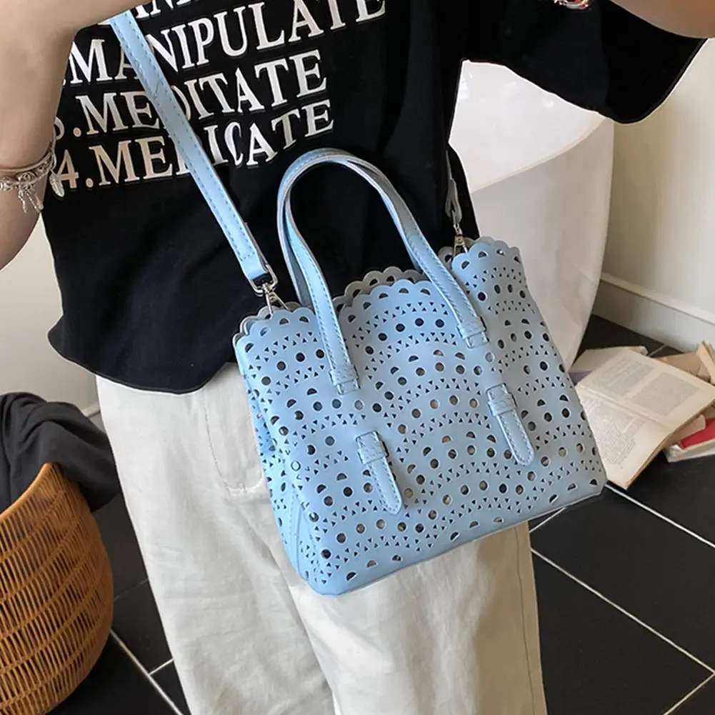 Luxury Soft Leather Tote Handbag Women Beach Hollow out Bucket Bag Travel Crossbody Bags Casual Cloud Square Shape Shoulder Bag