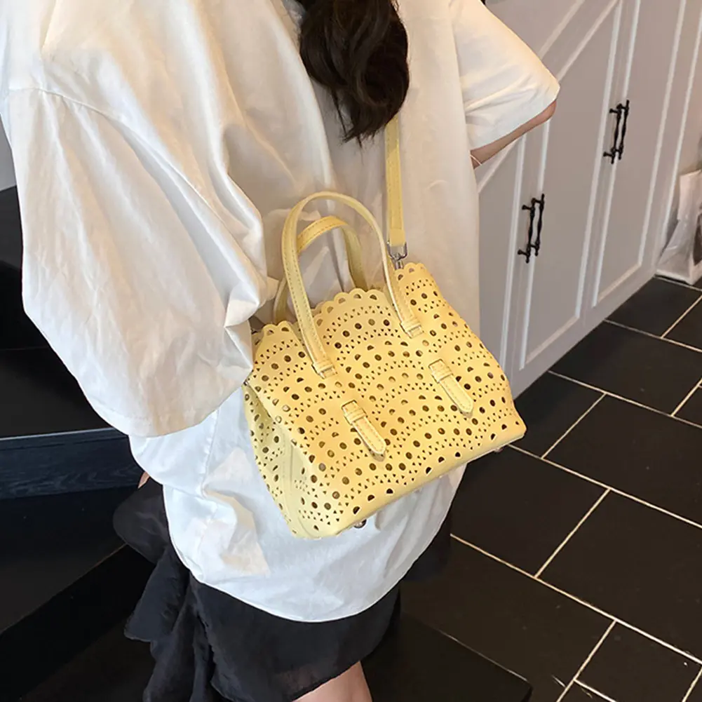 Luxury Soft Leather Tote Handbag Women Beach Hollow out Bucket Bag Travel Crossbody Bags Casual Cloud Square Shape Shoulder Bag