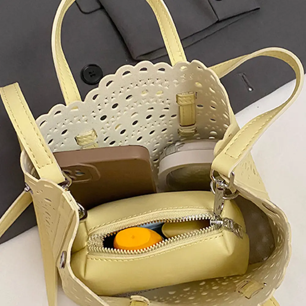 Luxury Soft Leather Tote Handbag Women Beach Hollow out Bucket Bag Travel Crossbody Bags Casual Cloud Square Shape Shoulder Bag