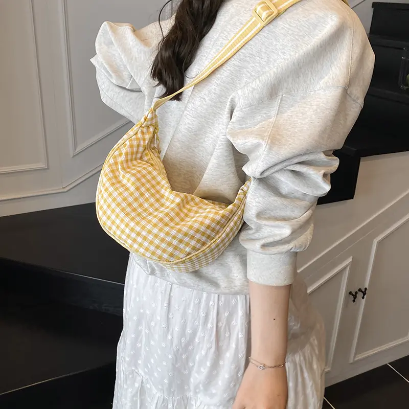 Grid Crossbody Bag Sweet Plaid Dumpling Bags Casual Simple Chest Pack Summer Canvas Messenger Bags Outdoor Travel Shoulder Bag ﻿