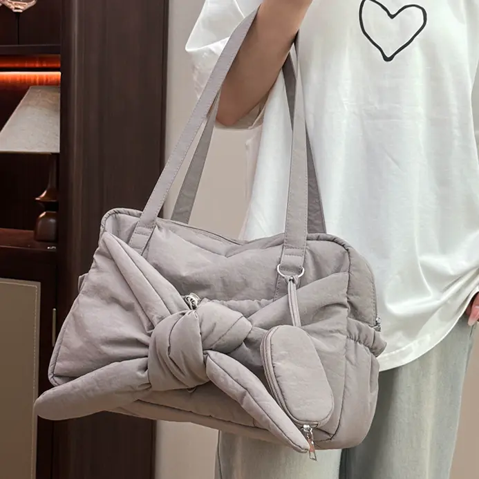 Casual Down Handbag Large Capacity Shoulder Bag Fashion Knot Design Solid Color Commuter Handbag Cotton Padded Soft Armpit Tote