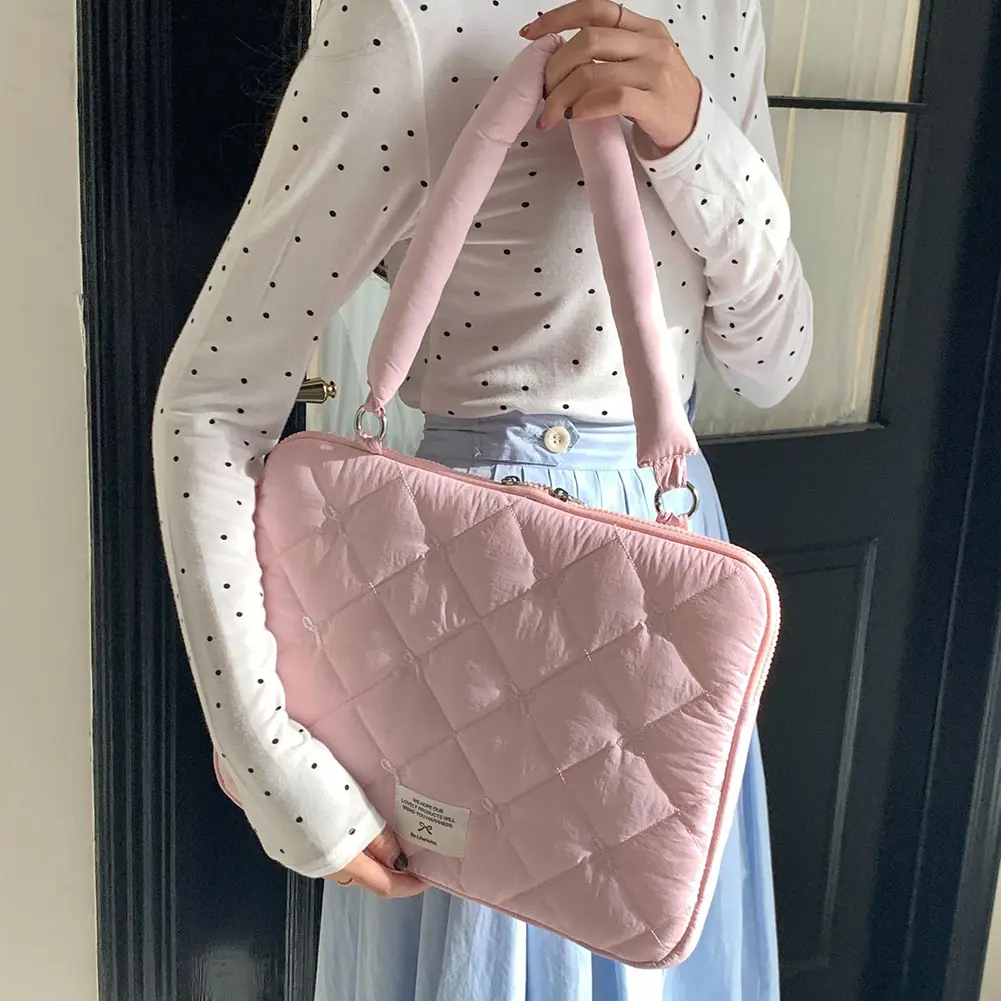 Bow Laptop Case Quilted Shockproof Computer Cute Sleeve Shoulder Bag Protective Notebook Cover Women Travel Business Handbag