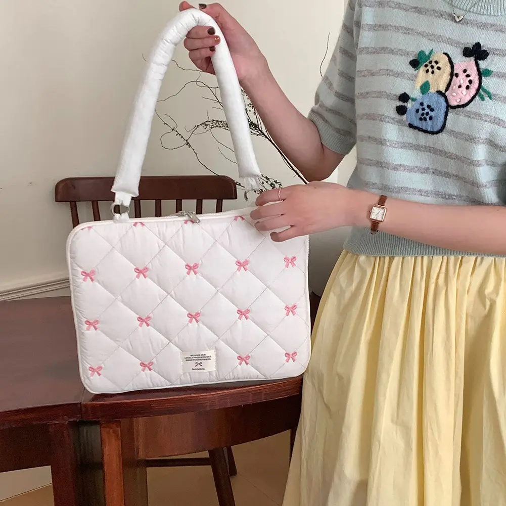 Bow Laptop Case Quilted Shockproof Computer Cute Sleeve Shoulder Bag Protective Notebook Cover Women Travel Business Handbag