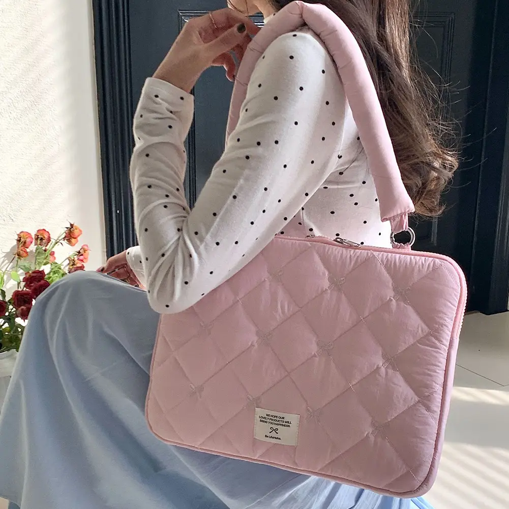 Bow Laptop Case Quilted Shockproof Computer Cute Sleeve Shoulder Bag Protective Notebook Cover Women Travel Business Handbag