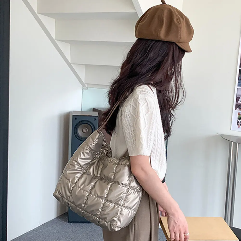 Women Puffer Quilted Underarm Bag Autumn&Winter Solid Color Tote Handbag Cotton Padding Shoulder Bags Large Capacity Commute Bag