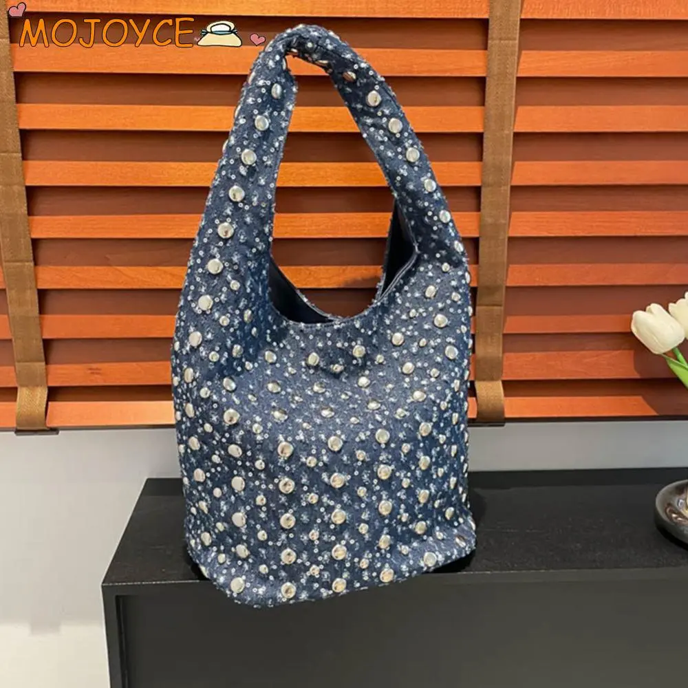 Rivet Inlaid Shoulder Bag Denim Retro Underarm Pouch Punk Trendy Hobo Bucket Bag Women Summer Motorcycle Style Tote Handbag