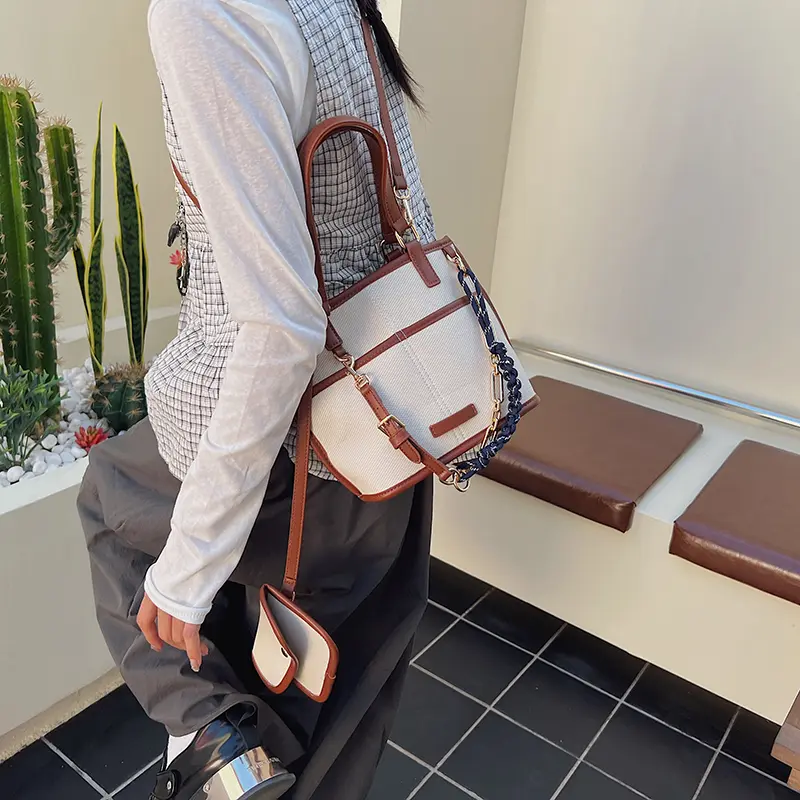 Vintage Chain Bucket Bag with Matching Clutch Leather Handbag Set Simple Black Crossbody Bags Large Capacity Tote Shoulder Bag