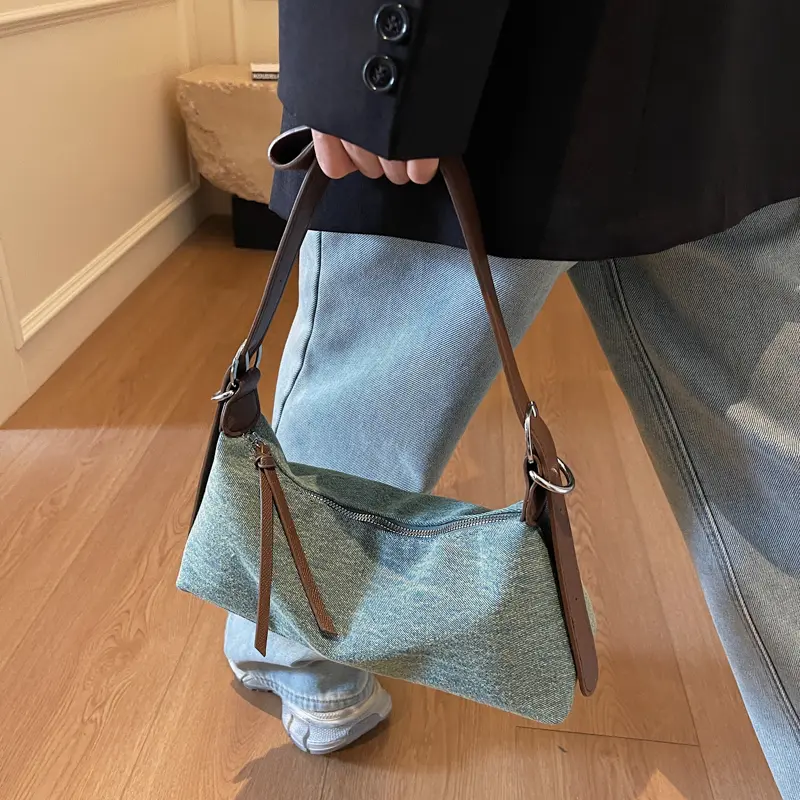 Women Denim Shoulder Bag Large Capacity Retro Underarm Pouch Zipper Closure Tote Handbag Travel Shopping Work Vintage Armpit Bag