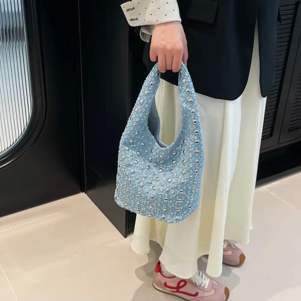 Rivet Inlaid Shoulder Bag Denim Retro Underarm Pouch Punk Trendy Hobo Bucket Bag Women Summer Motorcycle Style Tote Handbag