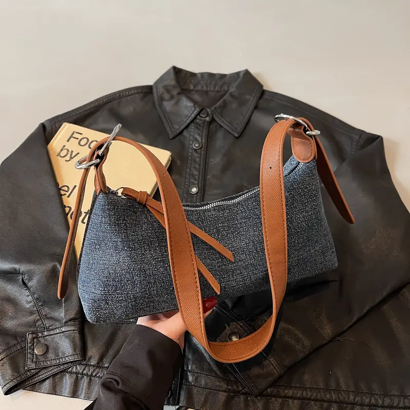 Women Denim Shoulder Bag Large Capacity Retro Underarm Pouch Zipper Closure Tote Handbag Travel Shopping Work Vintage Armpit Bag
