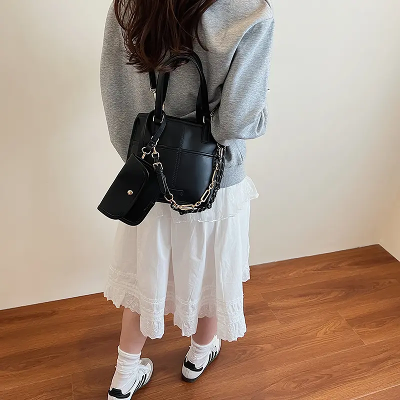 Vintage Chain Bucket Bag with Matching Clutch Leather Handbag Set Simple Black Crossbody Bags Large Capacity Tote Shoulder Bag