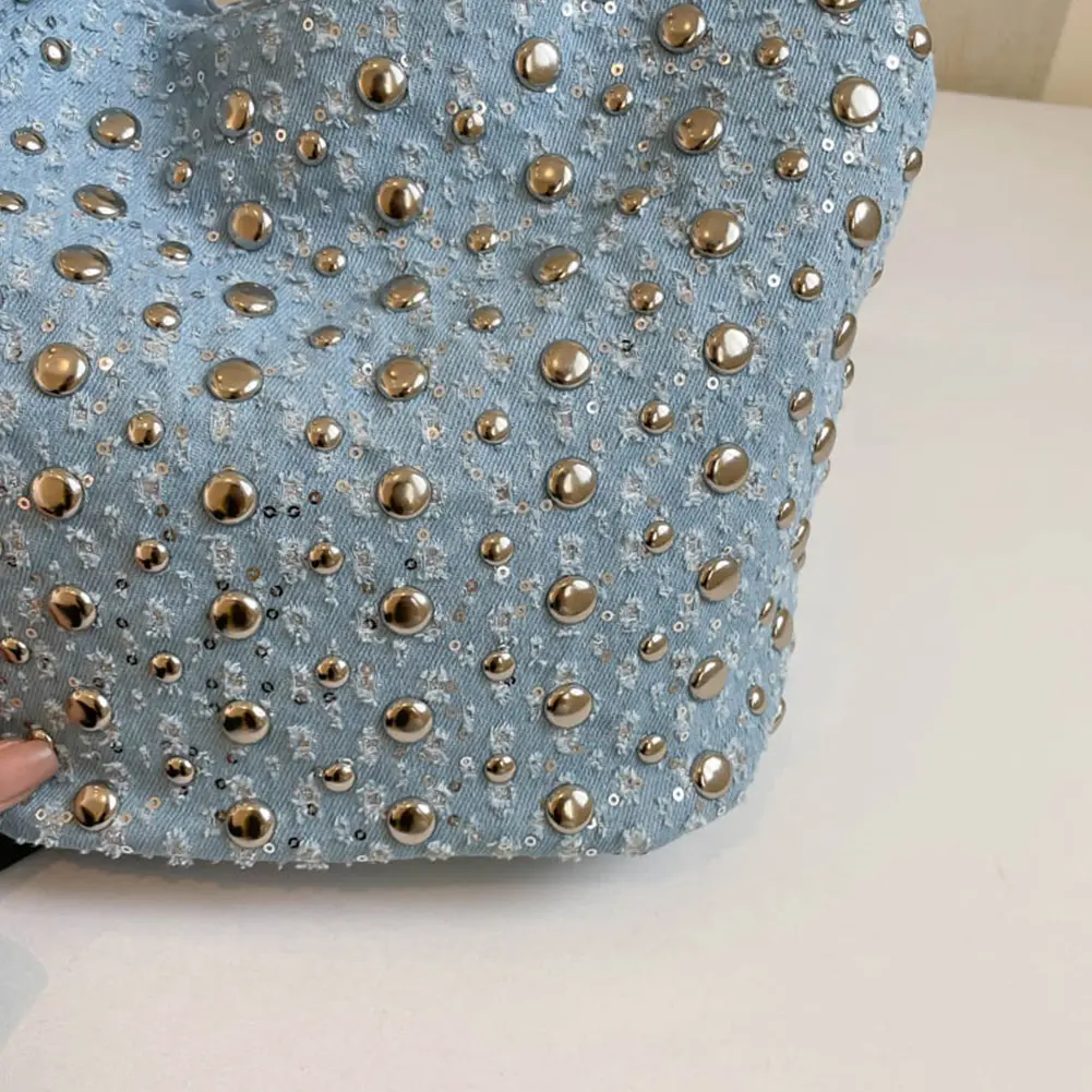 Rivet Inlaid Shoulder Bag Denim Retro Underarm Pouch Punk Trendy Hobo Bucket Bag Women Summer Motorcycle Style Tote Handbag